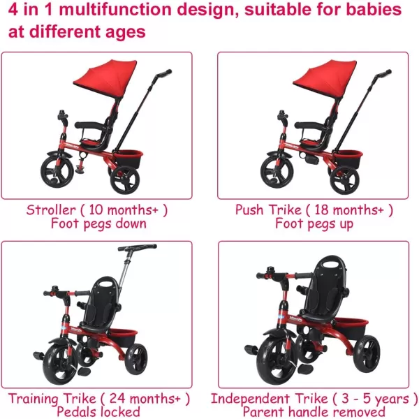 INFANS Kids Tricycle, 4 in 1 Stroll Trike with Adjustable Push Handle, Removable Canopy, Retractable Foot Plate, Lockable Pedal, Detachable Guardrail, Suitable for 10 Months to 5 Years 