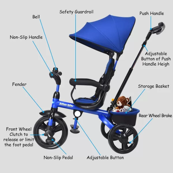 INFANS Kids Tricycle, 4 in 1 Stroll Trike with Adjustable Push Handle, Removable Canopy, Retractable Foot Plate, Lockable Pedal, Detachable Guardrail, Suitable for 10 Months to 5 Years 