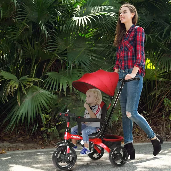 INFANS Kids Tricycle, 4 in 1 Stroll Trike with Adjustable Push Handle, Removable Canopy, Retractable Foot Plate, Lockable Pedal, Detachable Guardrail, Suitable for 10 Months to 5 Years 