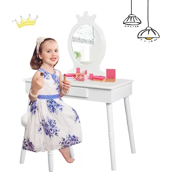 INFANS Kids Vanity Dressing Table &amp; Stool Set, Wooden Pretend Play Dressing Table with Real Mirror, Drawer, Crown Shape Princess Makeup Dressing for Little Girls