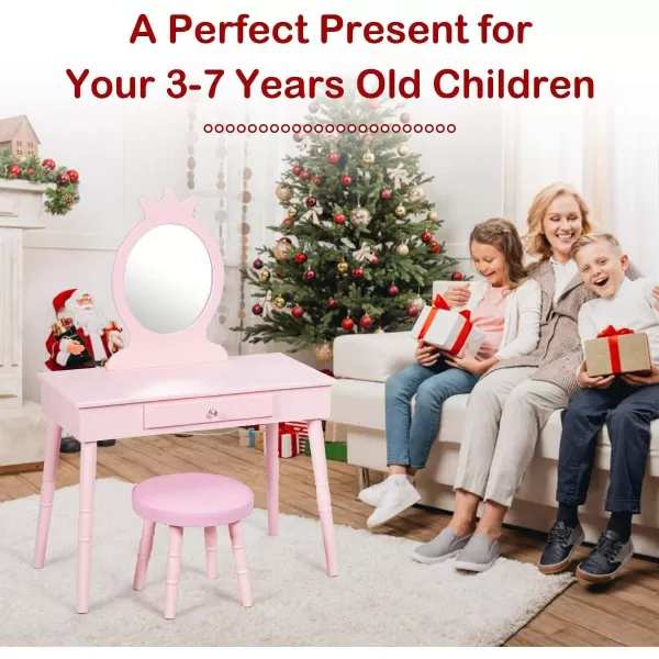 INFANS Kids Vanity Dressing Table &amp; Stool Set, Wooden Pretend Play Dressing Table with Real Mirror, Drawer, Crown Shape Princess Makeup Dressing for Little Girls