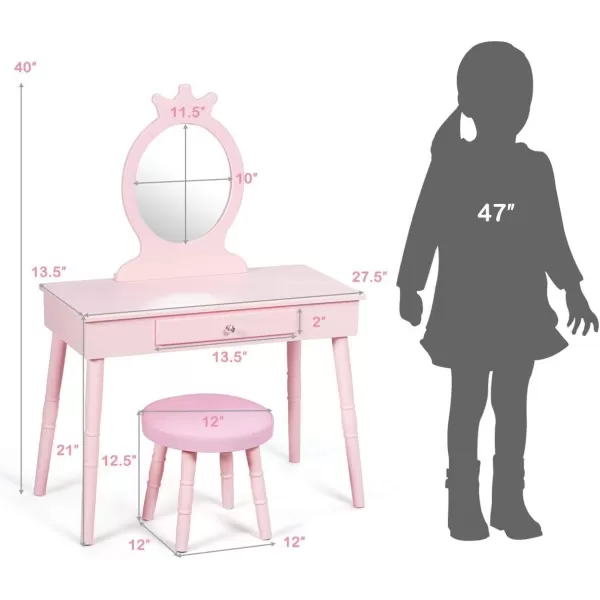 INFANS Kids Vanity Dressing Table &amp; Stool Set, Wooden Pretend Play Dressing Table with Real Mirror, Drawer, Crown Shape Princess Makeup Dressing for Little Girls