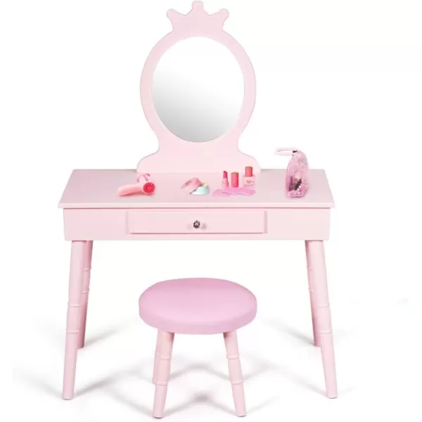 INFANS Kids Vanity Dressing Table &amp; Stool Set, Wooden Pretend Play Dressing Table with Real Mirror, Drawer, Crown Shape Princess Makeup Dressing for Little Girls