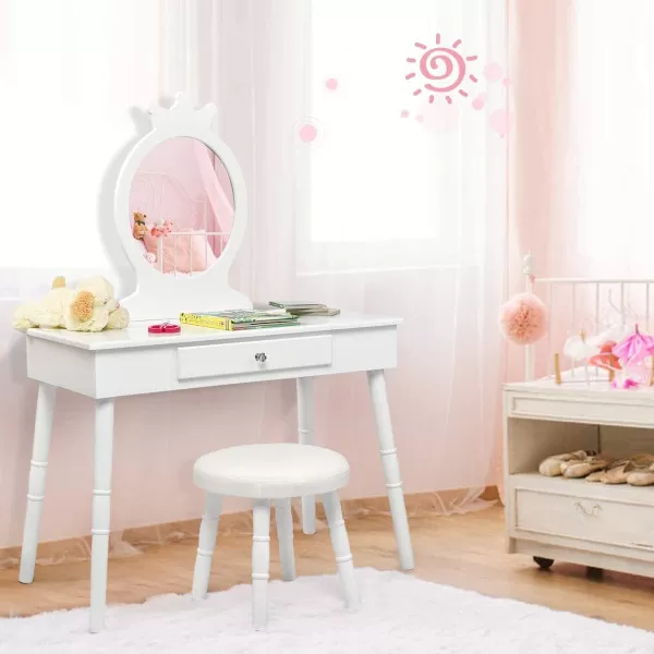 INFANS Kids Vanity Dressing Table &amp; Stool Set, Wooden Pretend Play Dressing Table with Real Mirror, Drawer, Crown Shape Princess Makeup Dressing for Little Girls