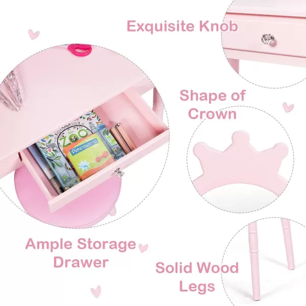 INFANS Kids Vanity Dressing Table &amp; Stool Set, Wooden Pretend Play Dressing Table with Real Mirror, Drawer, Crown Shape Princess Makeup Dressing for Little Girls