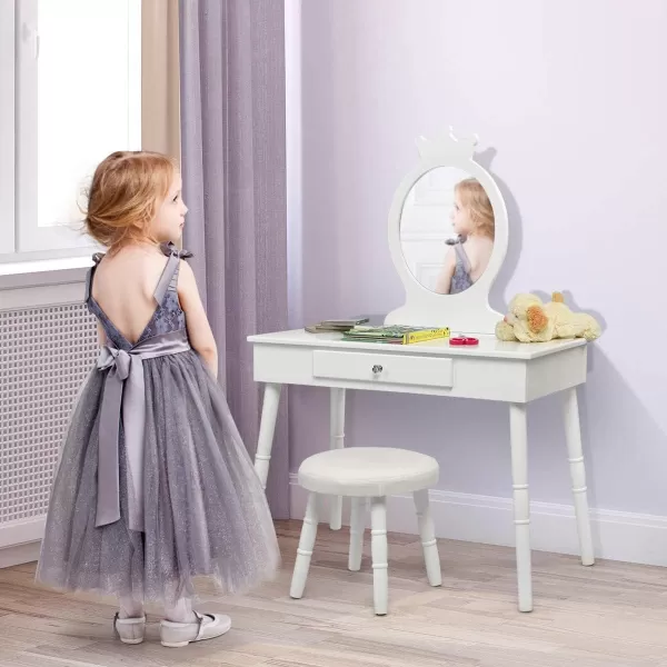 INFANS Kids Vanity Dressing Table &amp; Stool Set, Wooden Pretend Play Dressing Table with Real Mirror, Drawer, Crown Shape Princess Makeup Dressing for Little Girls