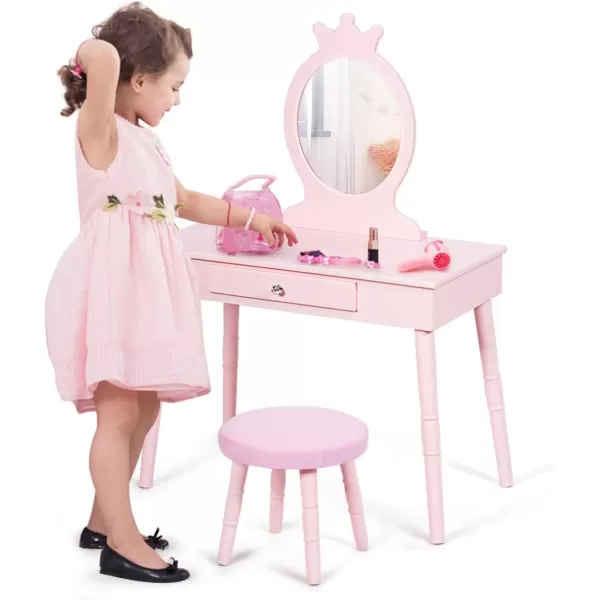 INFANS Kids Vanity Dressing Table &amp; Stool Set, Wooden Pretend Play Dressing Table with Real Mirror, Drawer, Crown Shape Princess Makeup Dressing for Little Girls