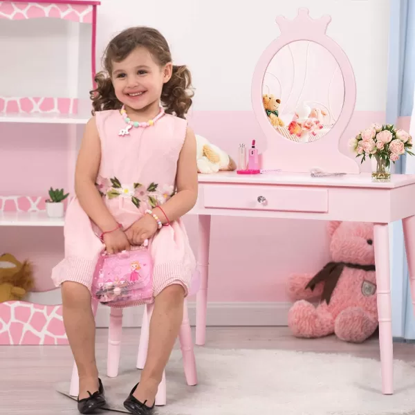 INFANS Kids Vanity Dressing Table &amp; Stool Set, Wooden Pretend Play Dressing Table with Real Mirror, Drawer, Crown Shape Princess Makeup Dressing for Little Girls