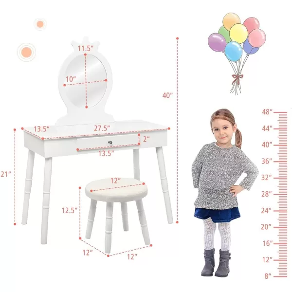 INFANS Kids Vanity Dressing Table &amp; Stool Set, Wooden Pretend Play Dressing Table with Real Mirror, Drawer, Crown Shape Princess Makeup Dressing for Little Girls