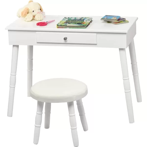 INFANS Kids Vanity Dressing Table &amp; Stool Set, Wooden Pretend Play Dressing Table with Real Mirror, Drawer, Crown Shape Princess Makeup Dressing for Little Girls