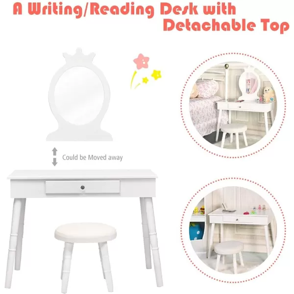 INFANS Kids Vanity Dressing Table &amp; Stool Set, Wooden Pretend Play Dressing Table with Real Mirror, Drawer, Crown Shape Princess Makeup Dressing for Little Girls