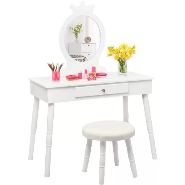 INFANS Kids Vanity Dressing Table &amp; Stool Set, Wooden Pretend Play Dressing Table with Real Mirror, Drawer, Crown Shape Princess Makeup Dressing for Little Girls