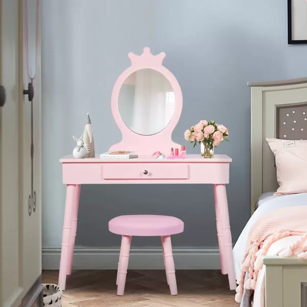 INFANS Kids Vanity Dressing Table &amp; Stool Set, Wooden Pretend Play Dressing Table with Real Mirror, Drawer, Crown Shape Princess Makeup Dressing for Little Girls