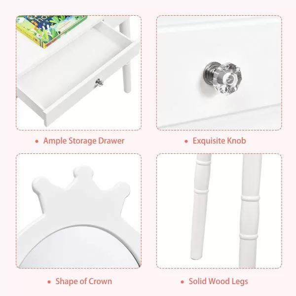 INFANS Kids Vanity Dressing Table &amp; Stool Set, Wooden Pretend Play Dressing Table with Real Mirror, Drawer, Crown Shape Princess Makeup Dressing for Little Girls