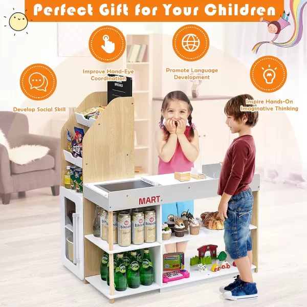 INFANS Kids Wooden Grocery Store Playset, Supermarket Toy Set for Kids with Cash Register Stand, Shopping Cart, Blackboard, Wooden Coins, Grocery Store Marketplace Pretend Play for Kids Toddlers