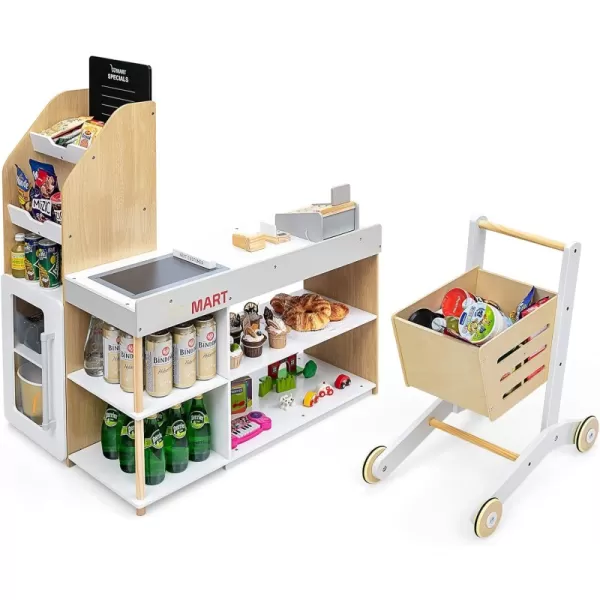 INFANS Kids Wooden Grocery Store Playset, Supermarket Toy Set for Kids with Cash Register Stand, Shopping Cart, Blackboard, Wooden Coins, Grocery Store Marketplace Pretend Play for Kids Toddlers