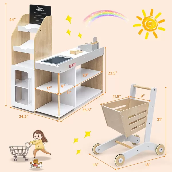 INFANS Kids Wooden Grocery Store Playset, Supermarket Toy Set for Kids with Cash Register Stand, Shopping Cart, Blackboard, Wooden Coins, Grocery Store Marketplace Pretend Play for Kids Toddlers