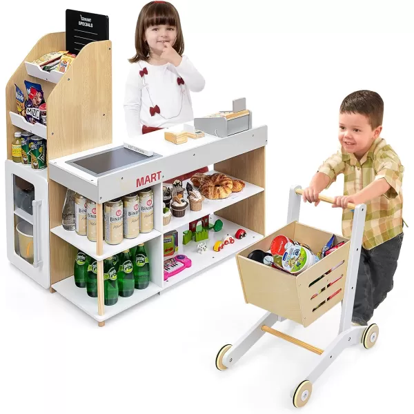 INFANS Kids Wooden Grocery Store Playset, Supermarket Toy Set for Kids with Cash Register Stand, Shopping Cart, Blackboard, Wooden Coins, Grocery Store Marketplace Pretend Play for Kids Toddlers