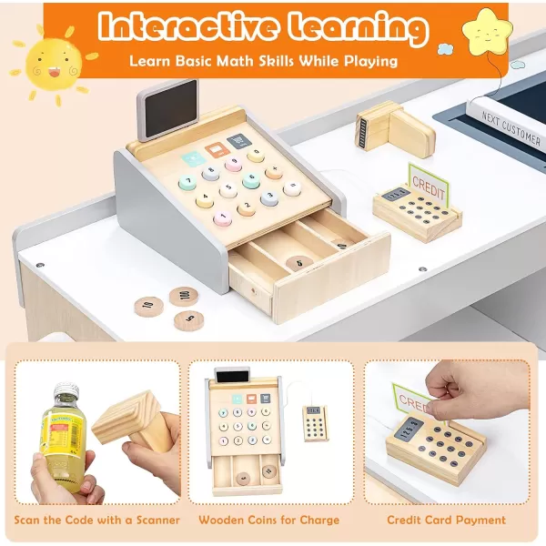 INFANS Kids Wooden Grocery Store Playset, Supermarket Toy Set for Kids with Cash Register Stand, Shopping Cart, Blackboard, Wooden Coins, Grocery Store Marketplace Pretend Play for Kids Toddlers
