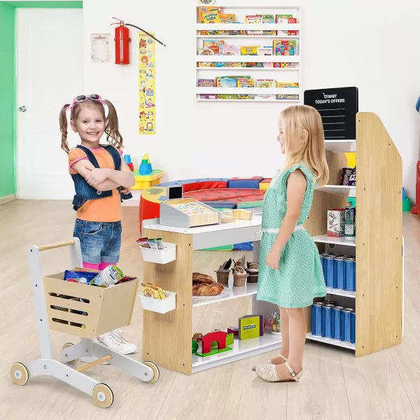 INFANS Kids Wooden Grocery Store Playset, Supermarket Toy Set for Kids with Cash Register Stand, Shopping Cart, Blackboard, Wooden Coins, Grocery Store Marketplace Pretend Play for Kids Toddlers