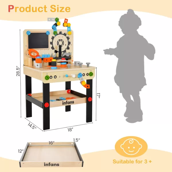 INFANS Tool Bench Set for Toddlers, Kids Wooden Workbench with Blackboard Construction Building Tools and 62 Accessories, Creative Realistic Pretend Play Workshop Gift for Boys Girls