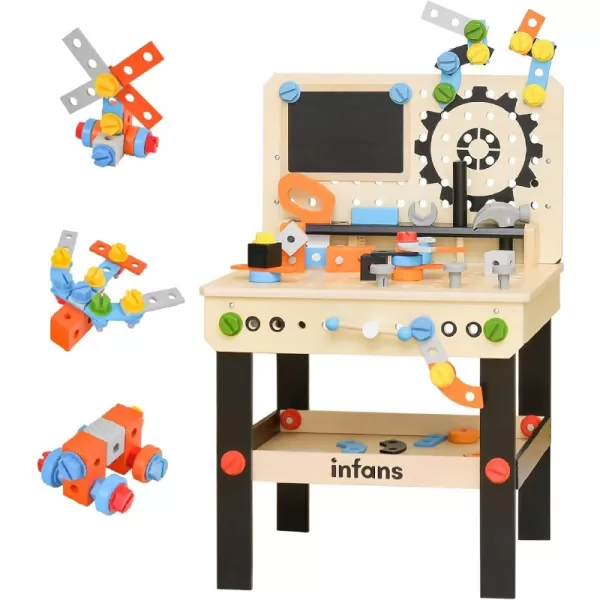 INFANS Tool Bench Set for Toddlers, Kids Wooden Workbench with Blackboard Construction Building Tools and 62 Accessories, Creative Realistic Pretend Play Workshop Gift for Boys Girls