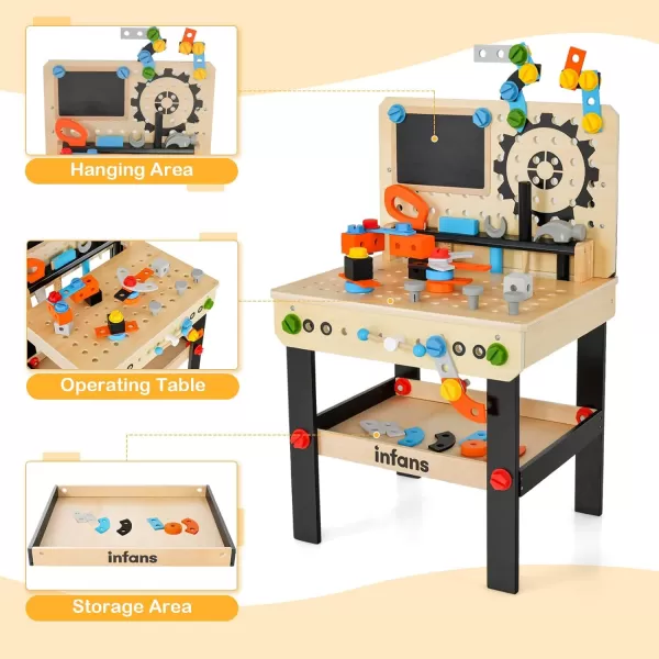 INFANS Tool Bench Set for Toddlers, Kids Wooden Workbench with Blackboard Construction Building Tools and 62 Accessories, Creative Realistic Pretend Play Workshop Gift for Boys Girls