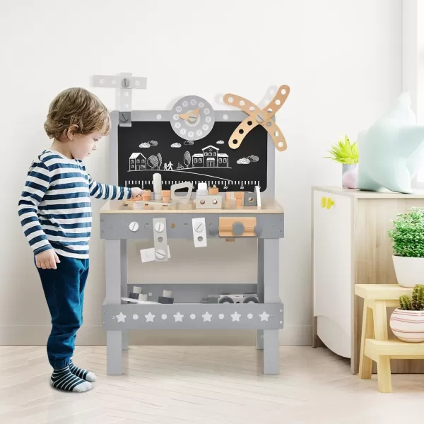 INFANS Tool Bench Set for Toddlers, Kids Wooden Workbench with Blackboard Construction Building Tools and 62 Accessories, Creative Realistic Pretend Play Workshop Gift for Boys Girls