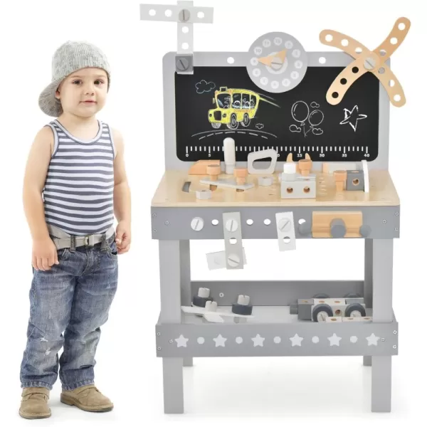 INFANS Tool Bench Set for Toddlers, Kids Wooden Workbench with Blackboard Construction Building Tools and 62 Accessories, Creative Realistic Pretend Play Workshop Gift for Boys Girls