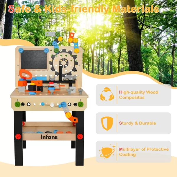 INFANS Tool Bench Set for Toddlers, Kids Wooden Workbench with Blackboard Construction Building Tools and 62 Accessories, Creative Realistic Pretend Play Workshop Gift for Boys Girls