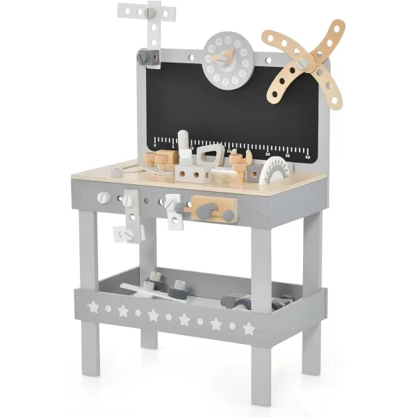 INFANS Tool Bench Set for Toddlers, Kids Wooden Workbench with Blackboard Construction Building Tools and 62 Accessories, Creative Realistic Pretend Play Workshop Gift for Boys Girls