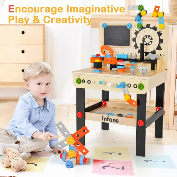 INFANS Tool Bench Set for Toddlers, Kids Wooden Workbench with Blackboard Construction Building Tools and 62 Accessories, Creative Realistic Pretend Play Workshop Gift for Boys Girls