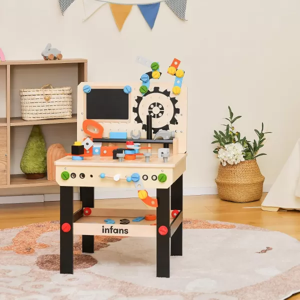 INFANS Tool Bench Set for Toddlers, Kids Wooden Workbench with Blackboard Construction Building Tools and 62 Accessories, Creative Realistic Pretend Play Workshop Gift for Boys Girls