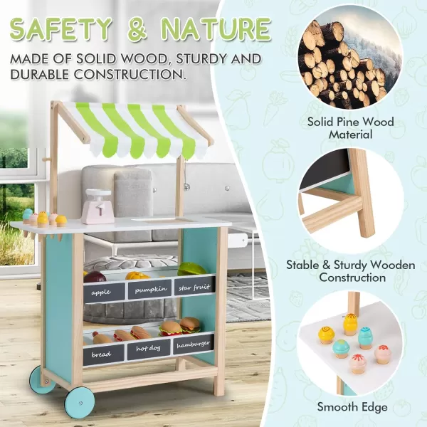 INFANS Wooden Grocery Store Marketplace Toy, Supermarket Pretend Play, Extra Storage 6 Ice Creams Scales Bells Chalkboards, Fun Indoor Farmer's Market Stand Set Gift for Ages 3+ 