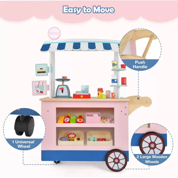 INFANS Wooden Grocery Store Marketplace Toy, Supermarket Pretend Play, Extra Storage 6 Ice Creams Scales Bells Chalkboards, Fun Indoor Farmer's Market Stand Set Gift for Ages 3+ 