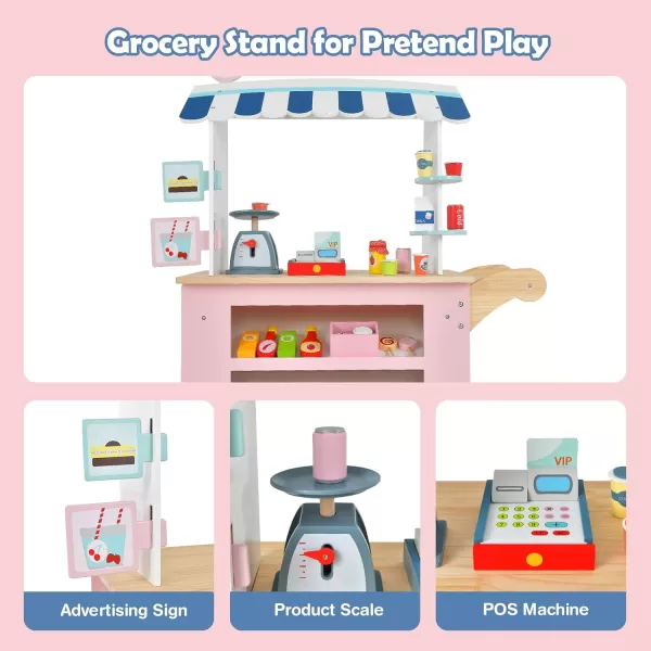 INFANS Wooden Grocery Store Marketplace Toy, Supermarket Pretend Play, Extra Storage 6 Ice Creams Scales Bells Chalkboards, Fun Indoor Farmer's Market Stand Set Gift for Ages 3+ 
