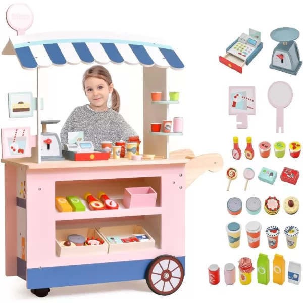INFANS Wooden Grocery Store Marketplace Toy, Supermarket Pretend Play, Extra Storage 6 Ice Creams Scales Bells Chalkboards, Fun Indoor Farmer's Market Stand Set Gift for Ages 3+ 