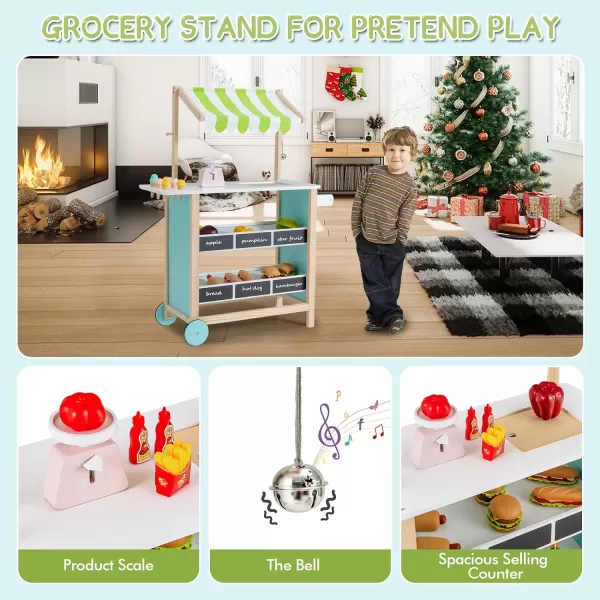 INFANS Wooden Grocery Store Marketplace Toy, Supermarket Pretend Play, Extra Storage 6 Ice Creams Scales Bells Chalkboards, Fun Indoor Farmer's Market Stand Set Gift for Ages 3+ 