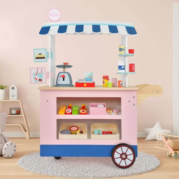 INFANS Wooden Grocery Store Marketplace Toy, Supermarket Pretend Play, Extra Storage 6 Ice Creams Scales Bells Chalkboards, Fun Indoor Farmer's Market Stand Set Gift for Ages 3+ 