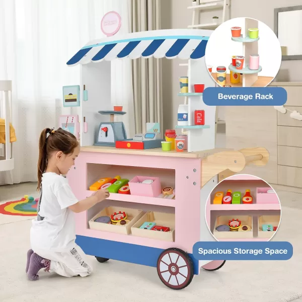 INFANS Wooden Grocery Store Marketplace Toy, Supermarket Pretend Play, Extra Storage 6 Ice Creams Scales Bells Chalkboards, Fun Indoor Farmer's Market Stand Set Gift for Ages 3+ 