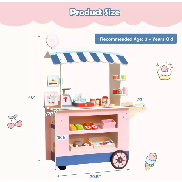 INFANS Wooden Grocery Store Marketplace Toy, Supermarket Pretend Play, Extra Storage 6 Ice Creams Scales Bells Chalkboards, Fun Indoor Farmer's Market Stand Set Gift for Ages 3+ 