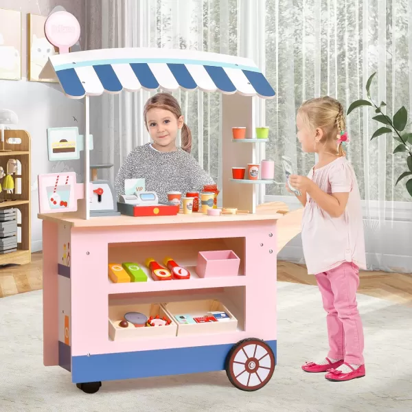 INFANS Wooden Grocery Store Marketplace Toy, Supermarket Pretend Play, Extra Storage 6 Ice Creams Scales Bells Chalkboards, Fun Indoor Farmer's Market Stand Set Gift for Ages 3+ 
