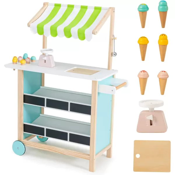 INFANS Wooden Grocery Store Marketplace Toy, Supermarket Pretend Play, Extra Storage 6 Ice Creams Scales Bells Chalkboards, Fun Indoor Farmer's Market Stand Set Gift for Ages 3+ 