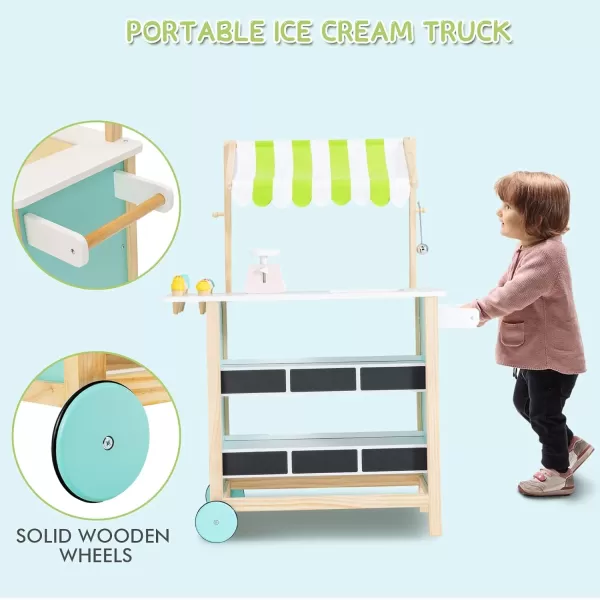 INFANS Wooden Grocery Store Marketplace Toy, Supermarket Pretend Play, Extra Storage 6 Ice Creams Scales Bells Chalkboards, Fun Indoor Farmer's Market Stand Set Gift for Ages 3+ 