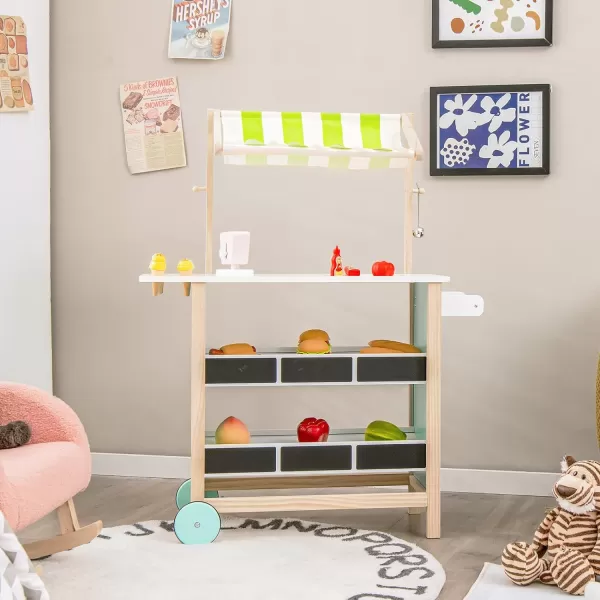 INFANS Wooden Grocery Store Marketplace Toy, Supermarket Pretend Play, Extra Storage 6 Ice Creams Scales Bells Chalkboards, Fun Indoor Farmer's Market Stand Set Gift for Ages 3+ 