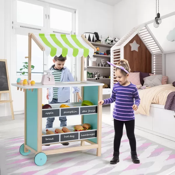 INFANS Wooden Grocery Store Marketplace Toy, Supermarket Pretend Play, Extra Storage 6 Ice Creams Scales Bells Chalkboards, Fun Indoor Farmer's Market Stand Set Gift for Ages 3+ 