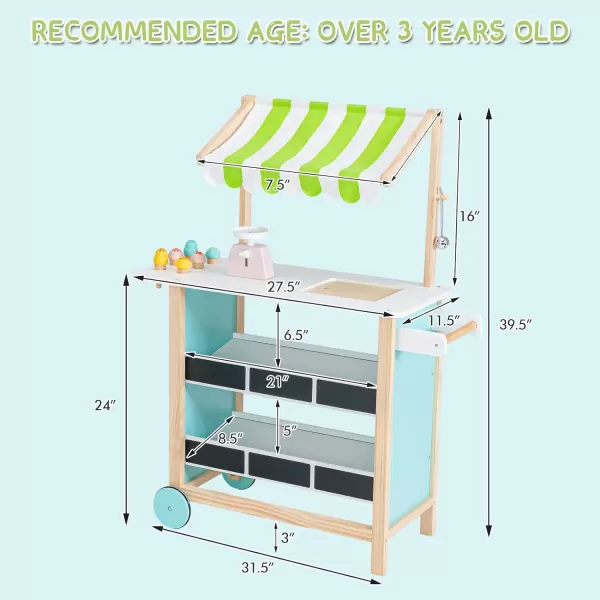INFANS Wooden Grocery Store Marketplace Toy, Supermarket Pretend Play, Extra Storage 6 Ice Creams Scales Bells Chalkboards, Fun Indoor Farmer's Market Stand Set Gift for Ages 3+ 