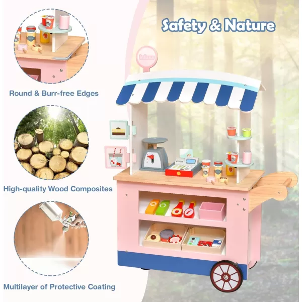 INFANS Wooden Grocery Store Marketplace Toy, Supermarket Pretend Play, Extra Storage 6 Ice Creams Scales Bells Chalkboards, Fun Indoor Farmer's Market Stand Set Gift for Ages 3+ 