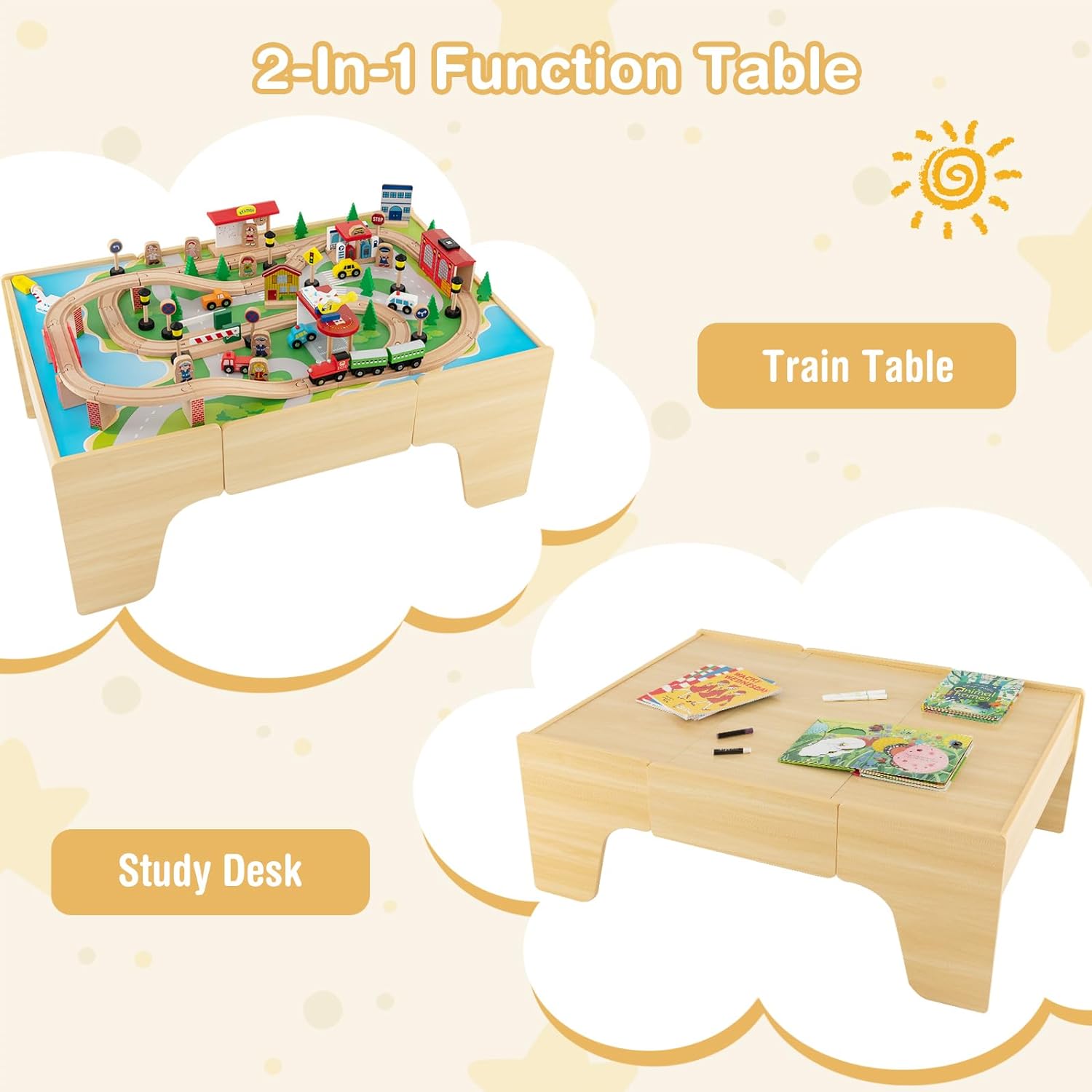 thumbnail image 2 of KOTEK Train Table, 100-Piece Wooden Toy Activity Playset W 2 of 9
