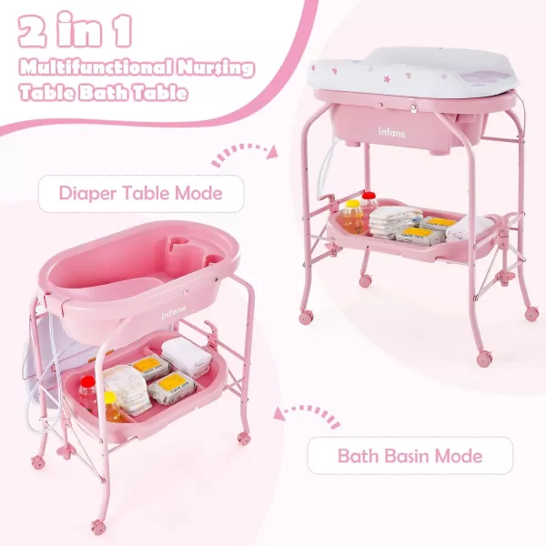 INFANS 2 in 1 Baby Changing Table with Bath Tub Unit, Folding Diaper Dresser Station with Wheels Waterproof Pad Storage Rack, Portable Nursery Organizer Stand for Newborn Infant 
